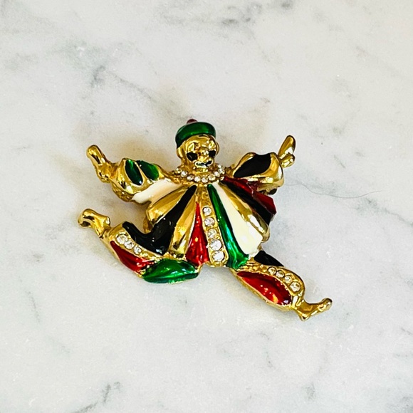 Vintage Enamel and Rhinestone Court Jester Clown Brooch - Picture 1 of 11